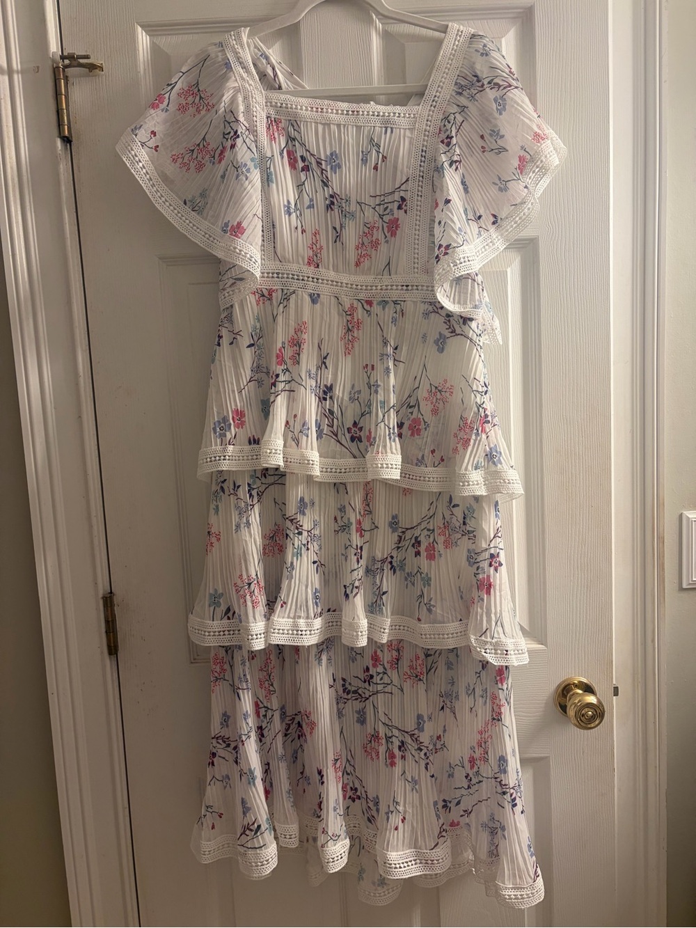 White Floral Tiered Dress with Pink and Blue Blossoms